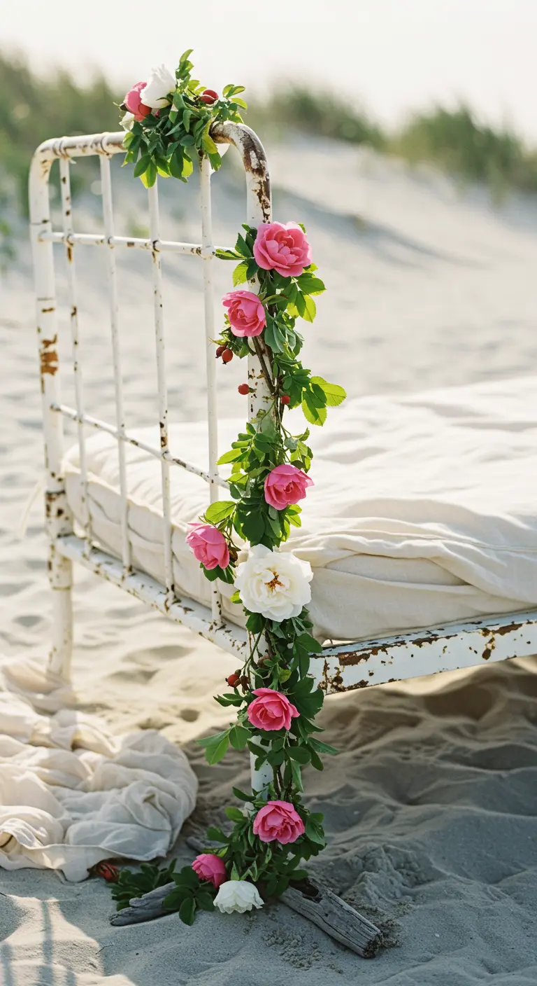 A rustic, weathered white daybed on the beach with a simple vine of pink and white roses.