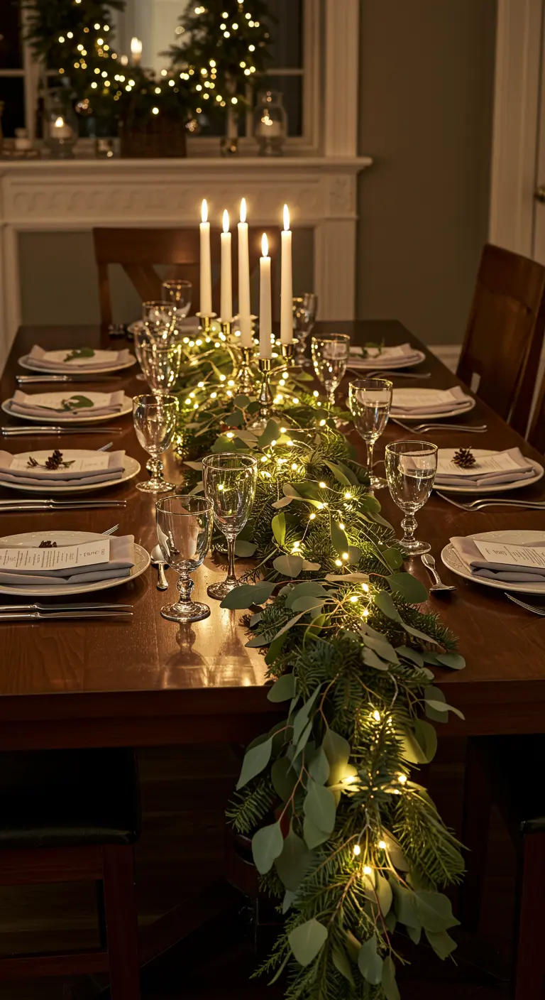 A dinner table with a lush greenery garland woven with fairy lights as a table runner.