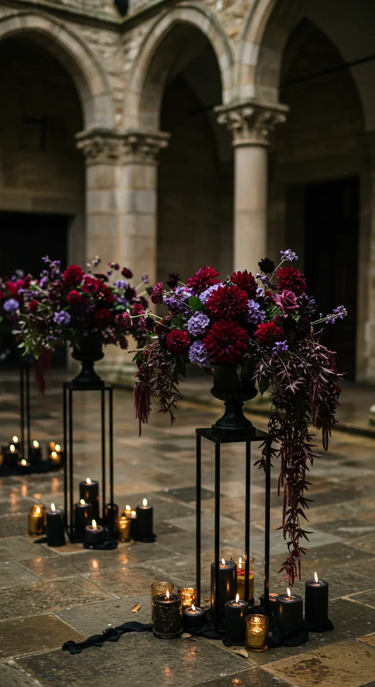 Dark floral arrangements on black metal stands with black candles in a stone courtyard.