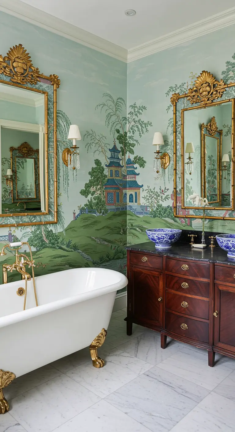 Light blue Chinoiserie bathroom with gold mirrors and freestanding tub.