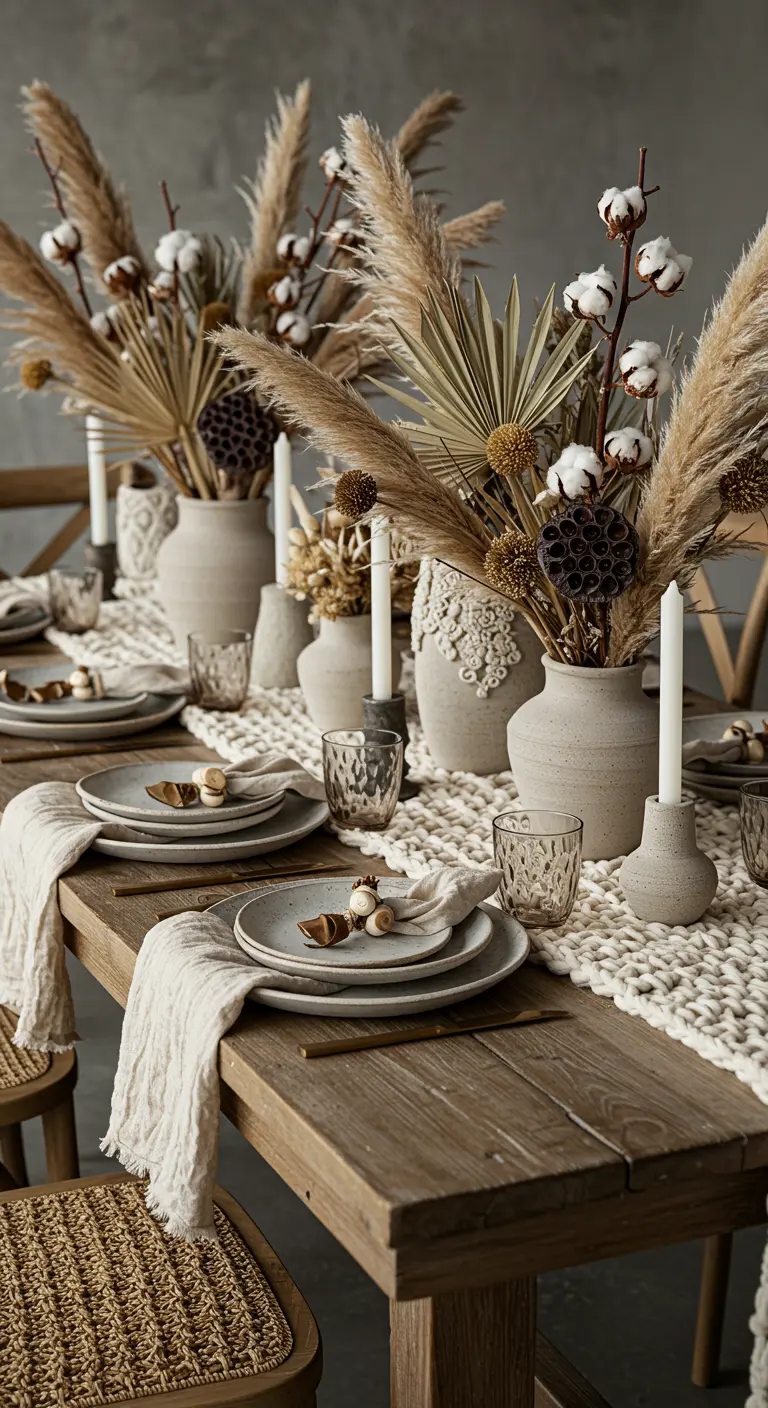 A neutral, bohemian tablescape with a macrame runner, dried pampas grass, and textured ceramics.