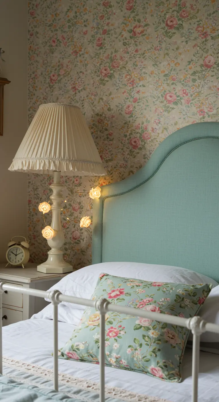 Cottage-style bedroom with floral wallpaper, an aqua headboard, and rose string lights.