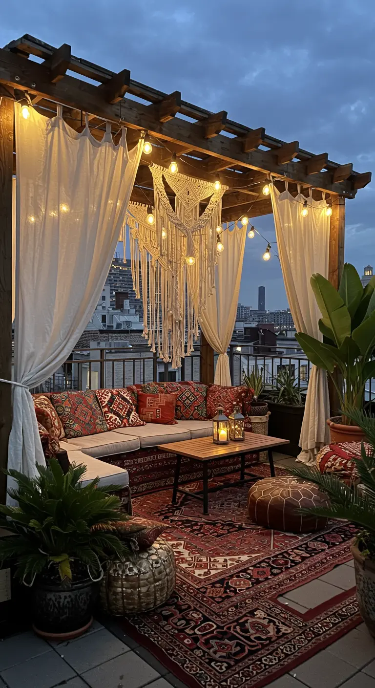 Rooftop terrace with a pergola, macramé hanging, sectional sofa, and Edison bulbs at dusk.
