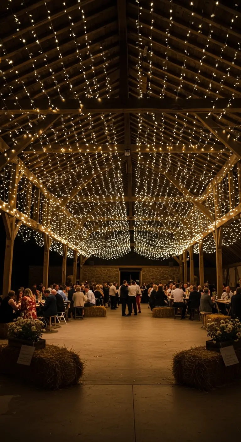A barn ceiling intricately decorated with thousands of warm fairy lights for a party.