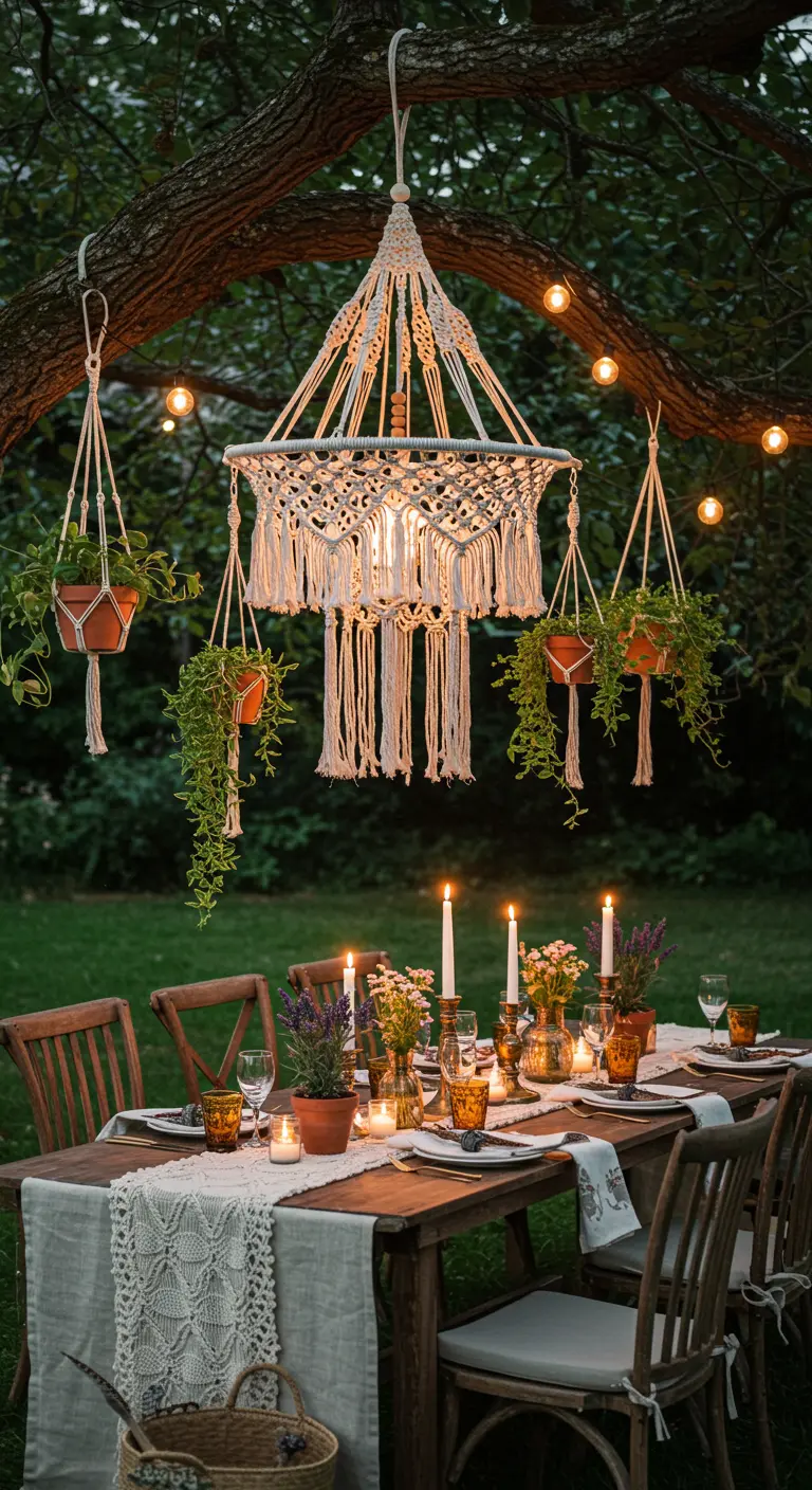 Outdoor dining table at dusk under a large macramé chandelier and string lights.