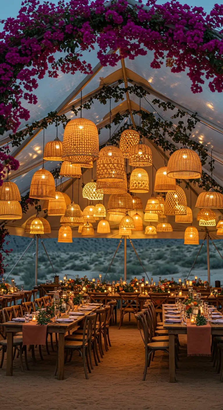 A cluster of woven rattan pendant lights hanging over wedding reception tables.