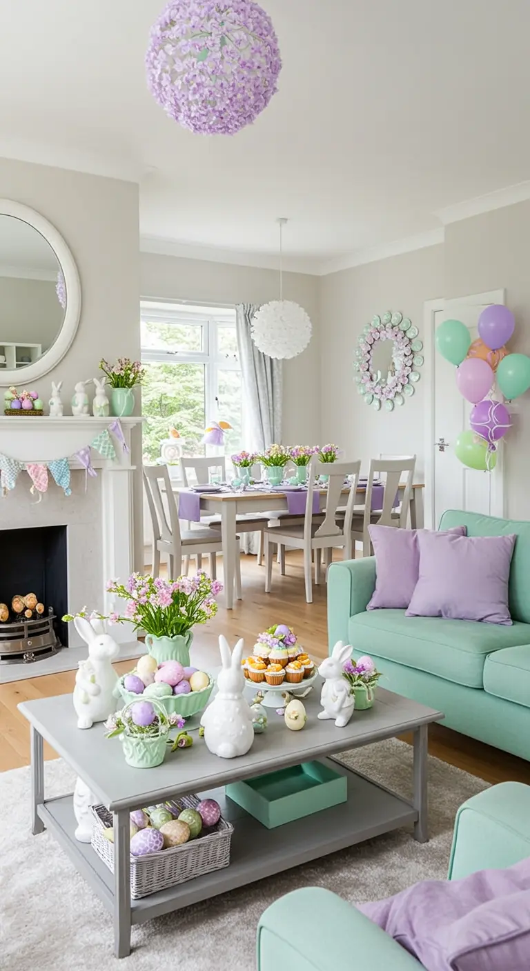 An Easter-themed living room with a mint sofa and lavender accents.