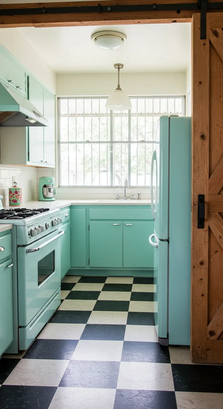 Retro-style kitchen with mint green cabinets and appliances, checkerboard floors, and a barn door.