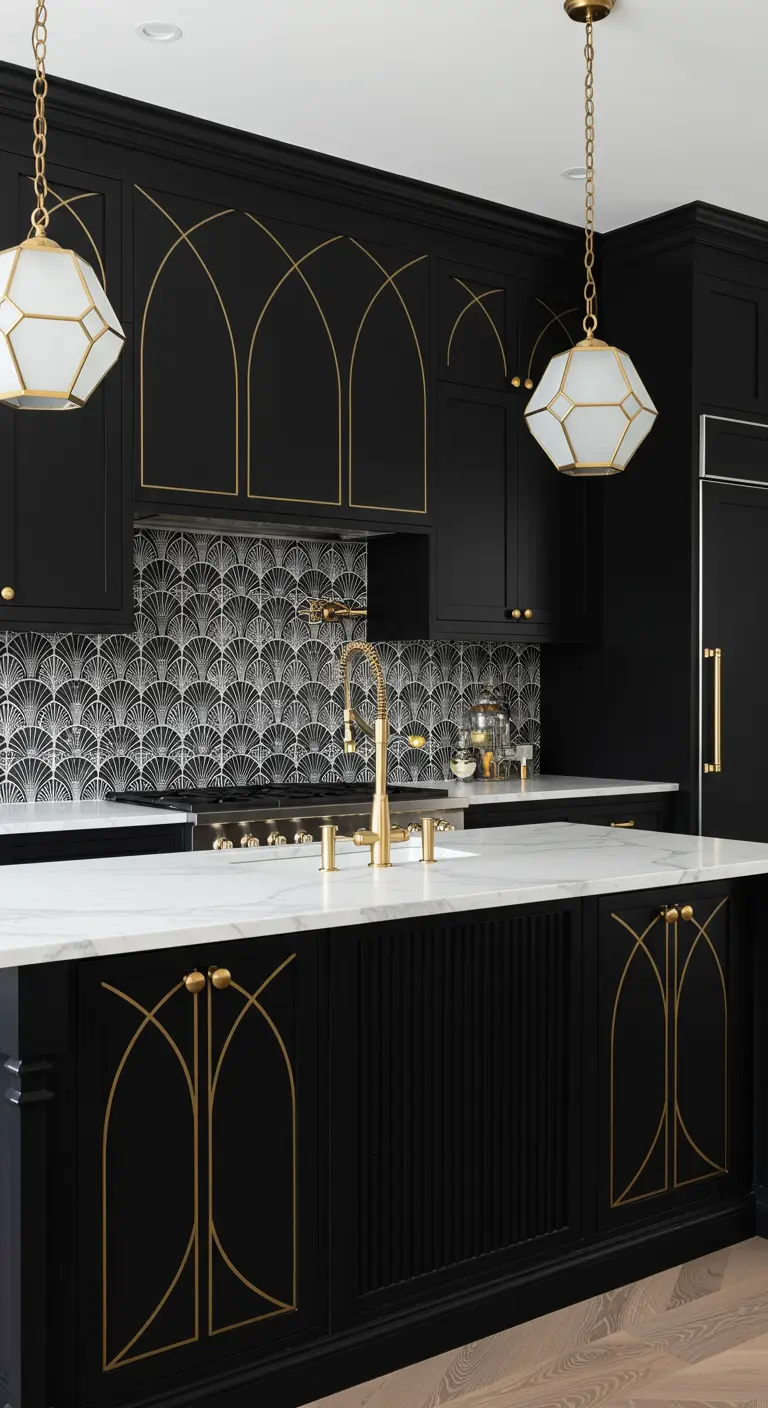 Black kitchen with Art Deco-style gold inlays on the cabinets and a patterned tile backsplash.