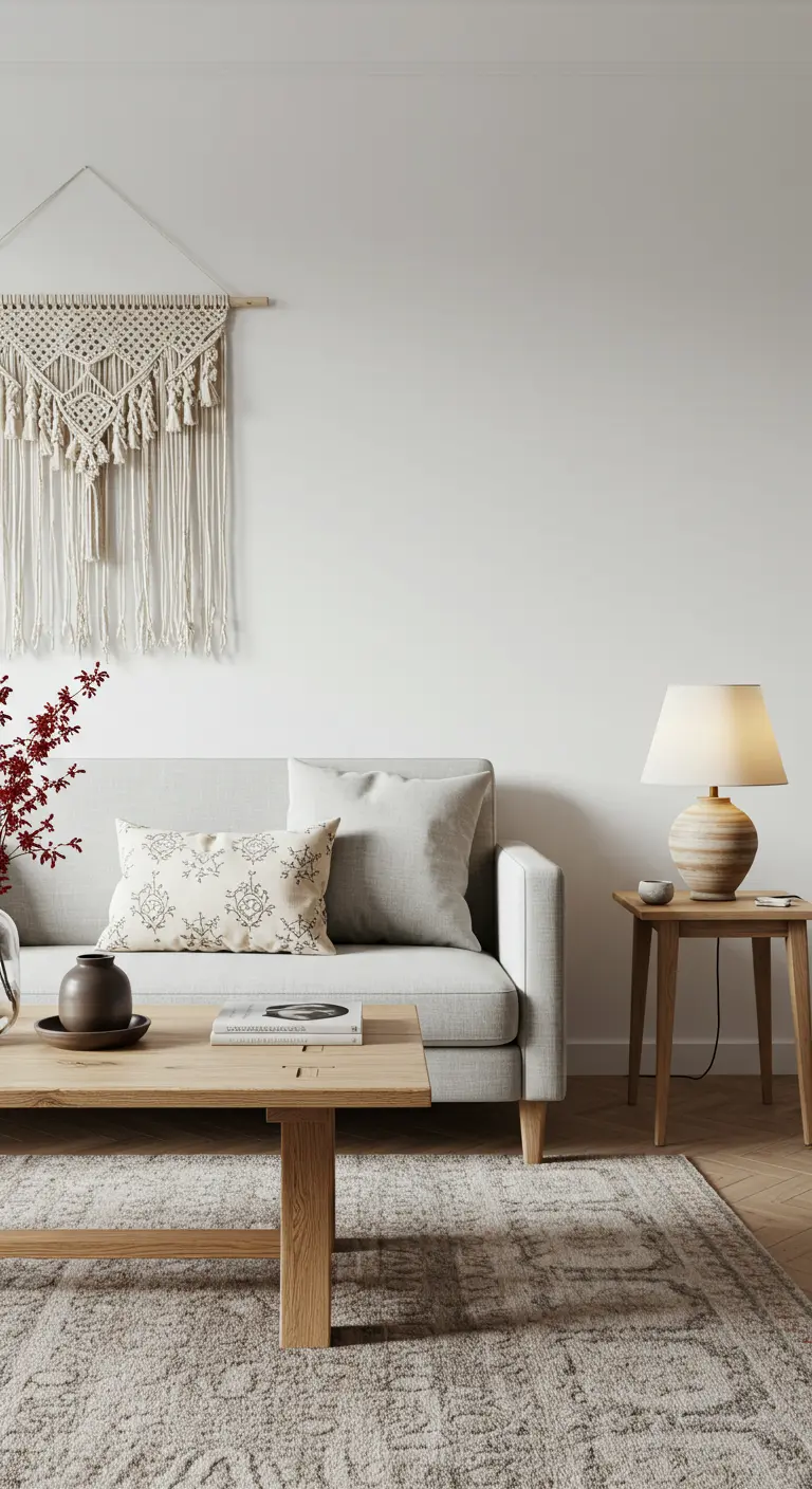 A living room corner with a macrame wall hanging, a patterned pillow, and a ceramic table lamp.