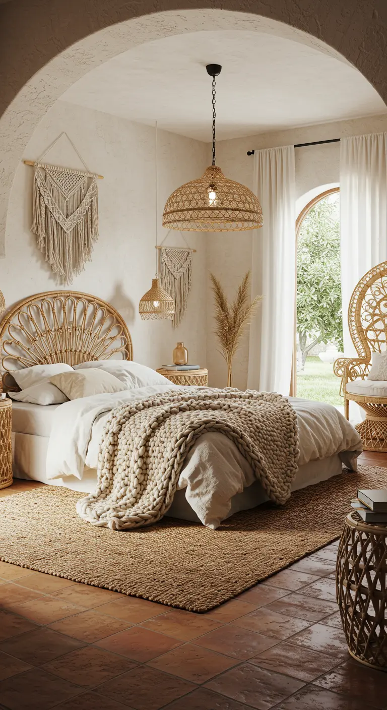 Boho bedroom with a rattan headboard, macrame wall art, and a chunky knit blanket.