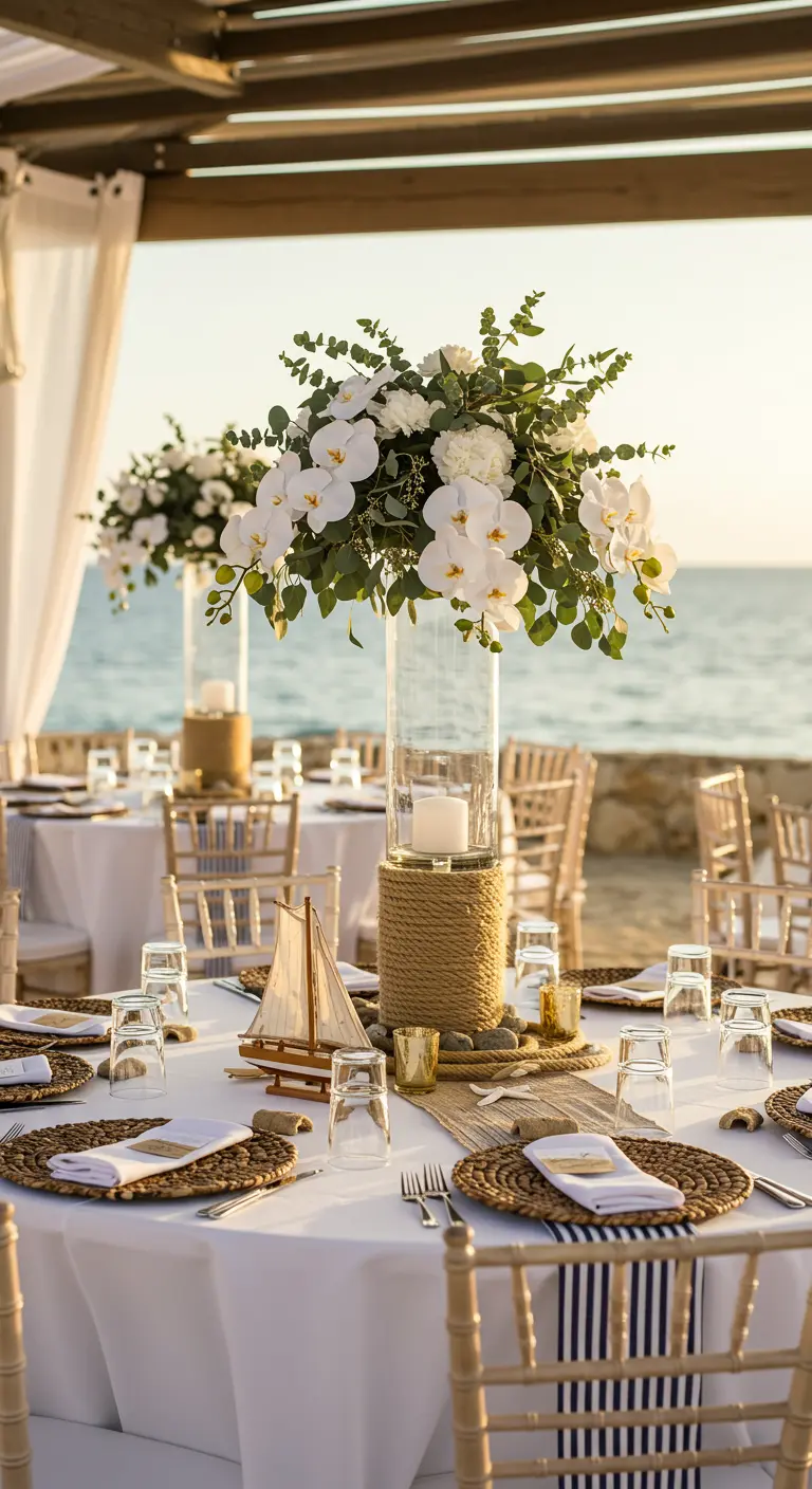 Beachside table with rope-wrapped vases, white orchids, and mini sailboats on woven placemats.