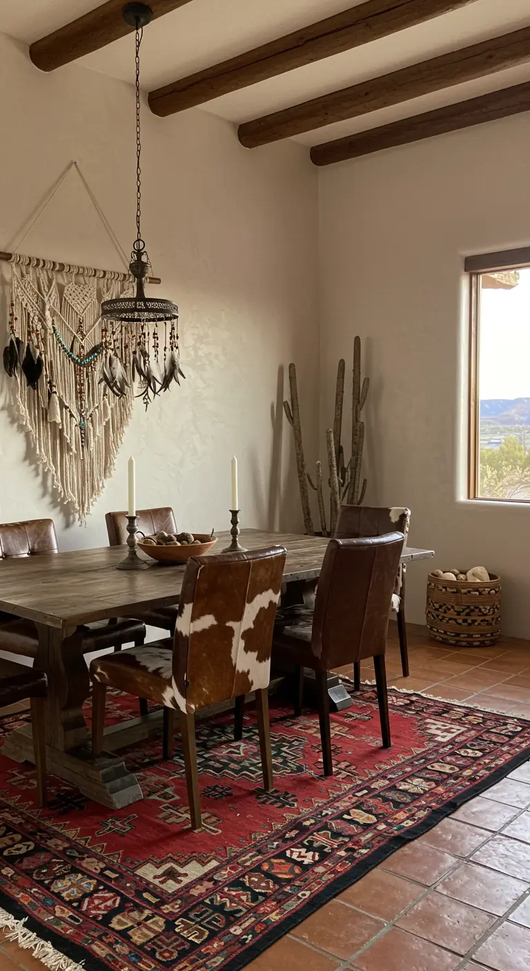 A Southwestern-style dining room with a feather-adorned macramé piece and cowhide chairs.