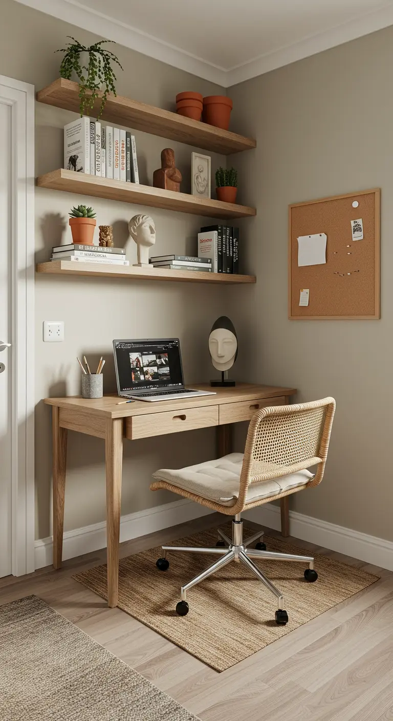 A cozy home office corner with a light wood desk, cane-back chair, and floating shelves.
