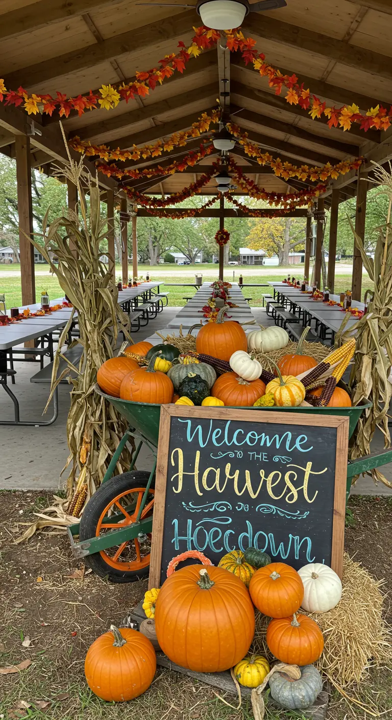 A chalkboard sign for a 'Harvest Hoedown' propped in a wheelbarrow full of pumpkins.