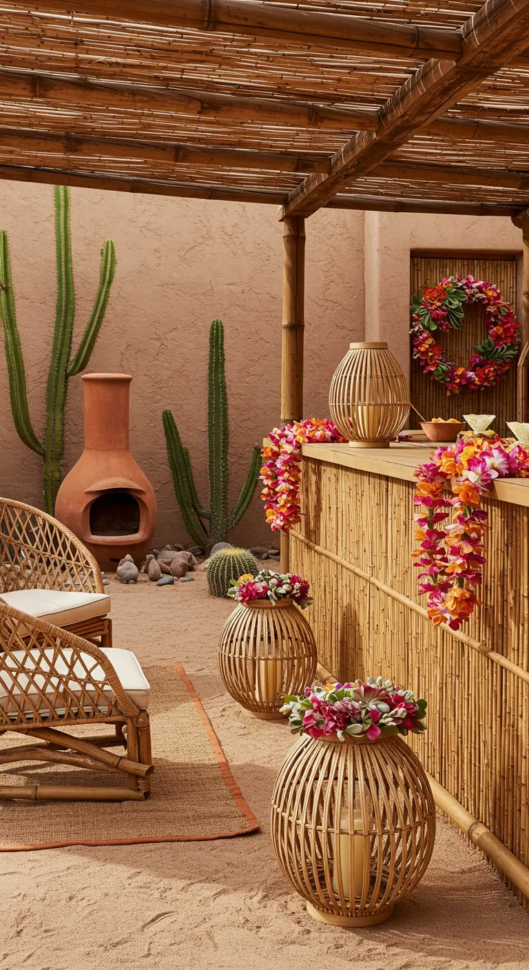 A tiki bar in a desert setting with sand, cacti, a chiminea, and colorful floral leis.