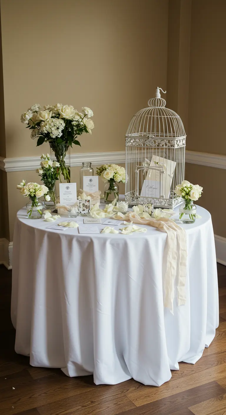 A wedding welcome table with a white birdcage for cards, surrounded by small floral bouquets.