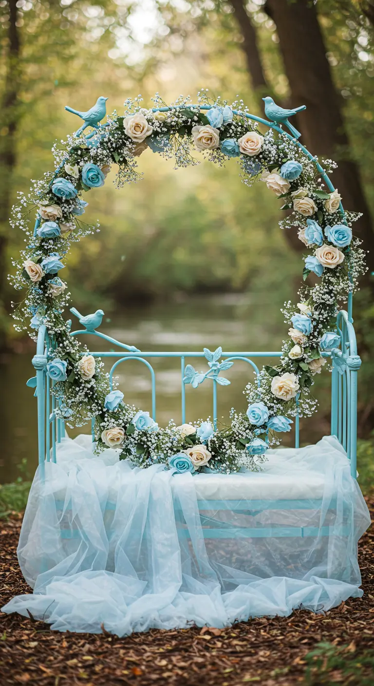 A light blue daybed with a large, round floral wreath of blue and white roses.