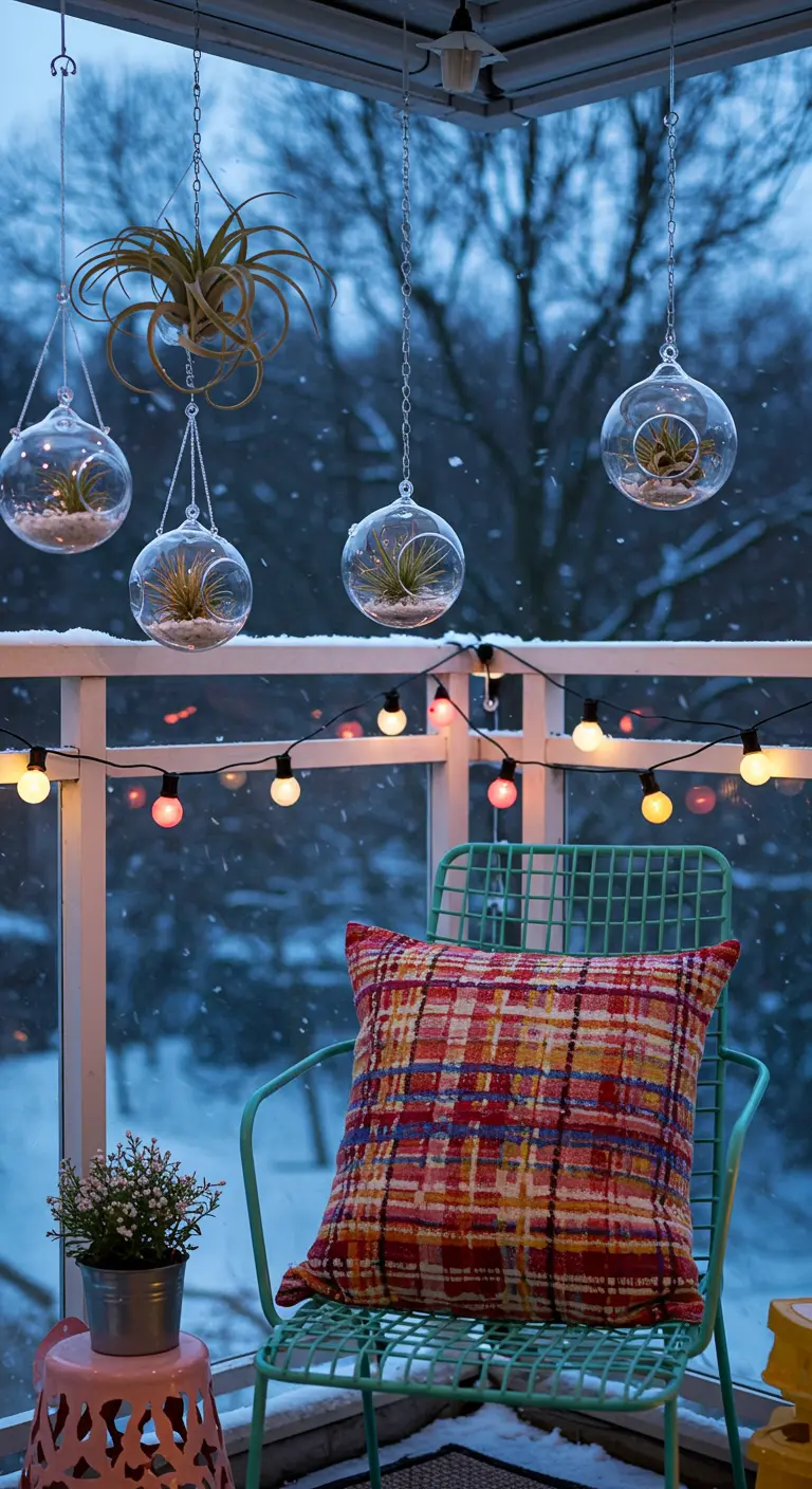 A snowy balcony with a green chair, colorful plaid pillow, and hanging glass terrariums with air plants.