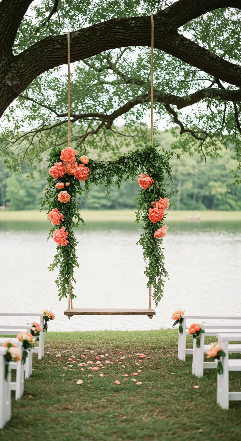 A wooden swing hanging from a tree, decorated with greenery and coral peonies.