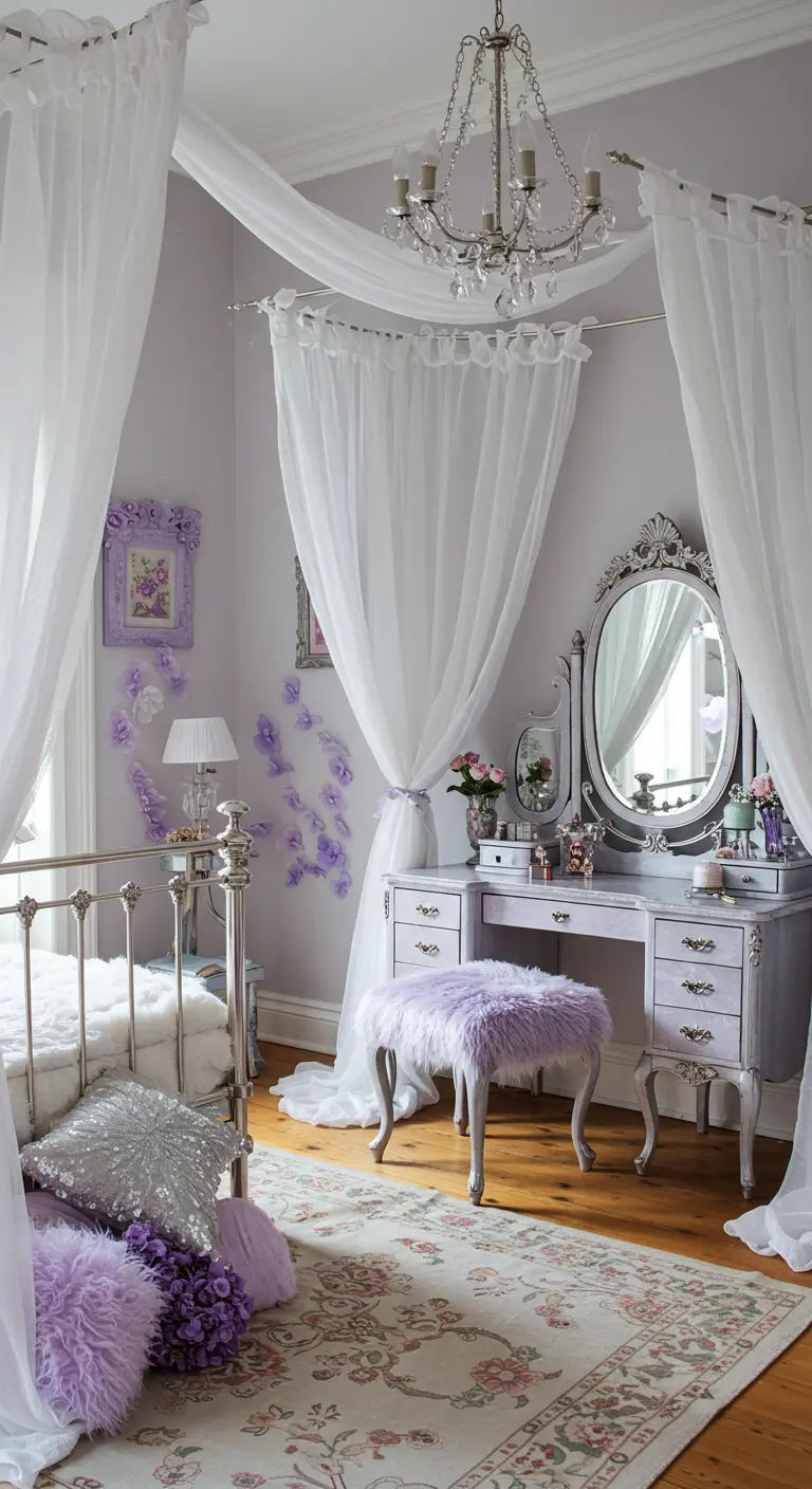 Romantic bedroom with lavender faux fur accents and sheer canopy drapes.