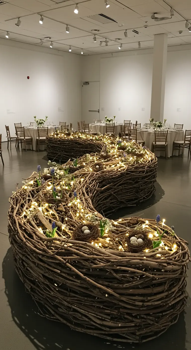 A large, S-shaped centerpiece made of woven vines, filled with fairy lights and tiny nests.