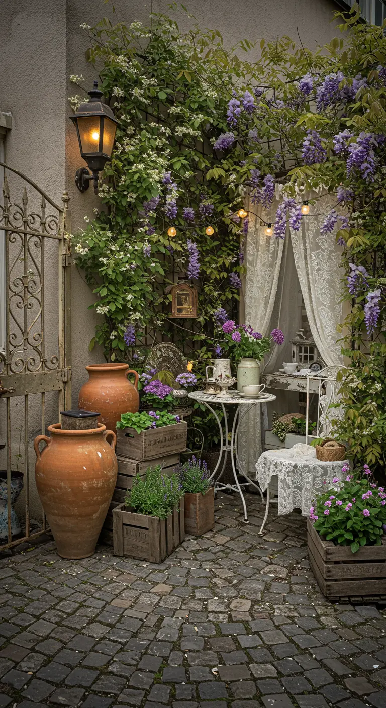 Rustic courtyard with wisteria, lace curtains, antique metal chair, terracotta pots, and wooden crates.