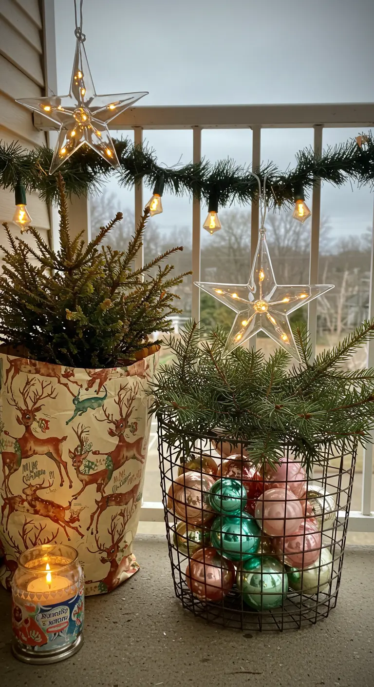 A planter wrapped in reindeer-print fabric next to a wire basket filled with colorful ornaments.