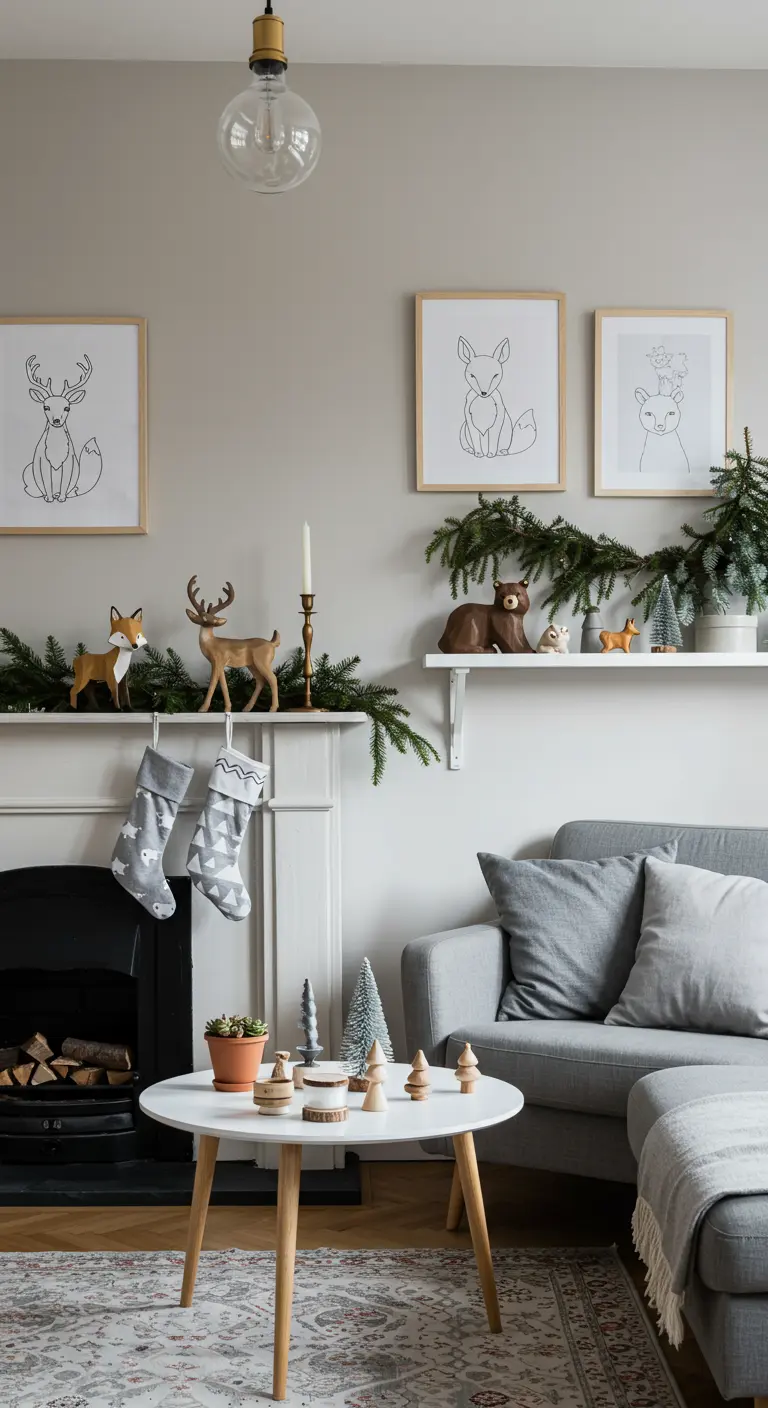 Fireplace mantel decorated with pine garland and wooden woodland animal figures.