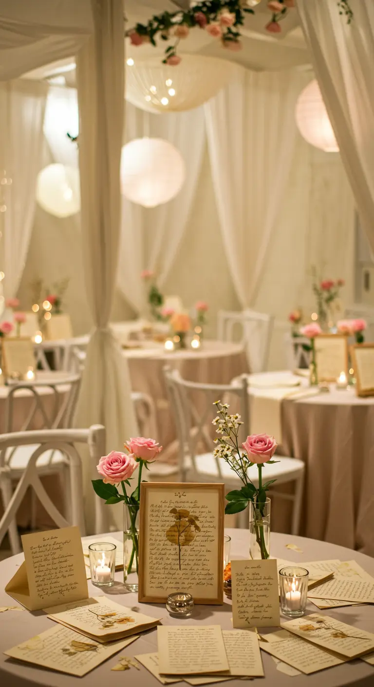 A romantic table setting with single roses, handwritten notes, and soft candlelight.
