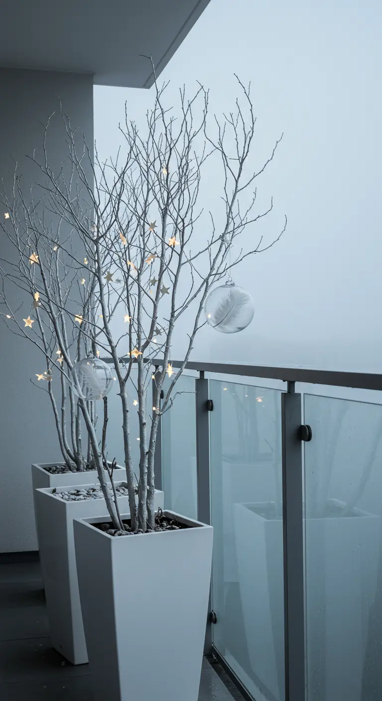 White painted branches in planters decorated with star lights and clear baubles.