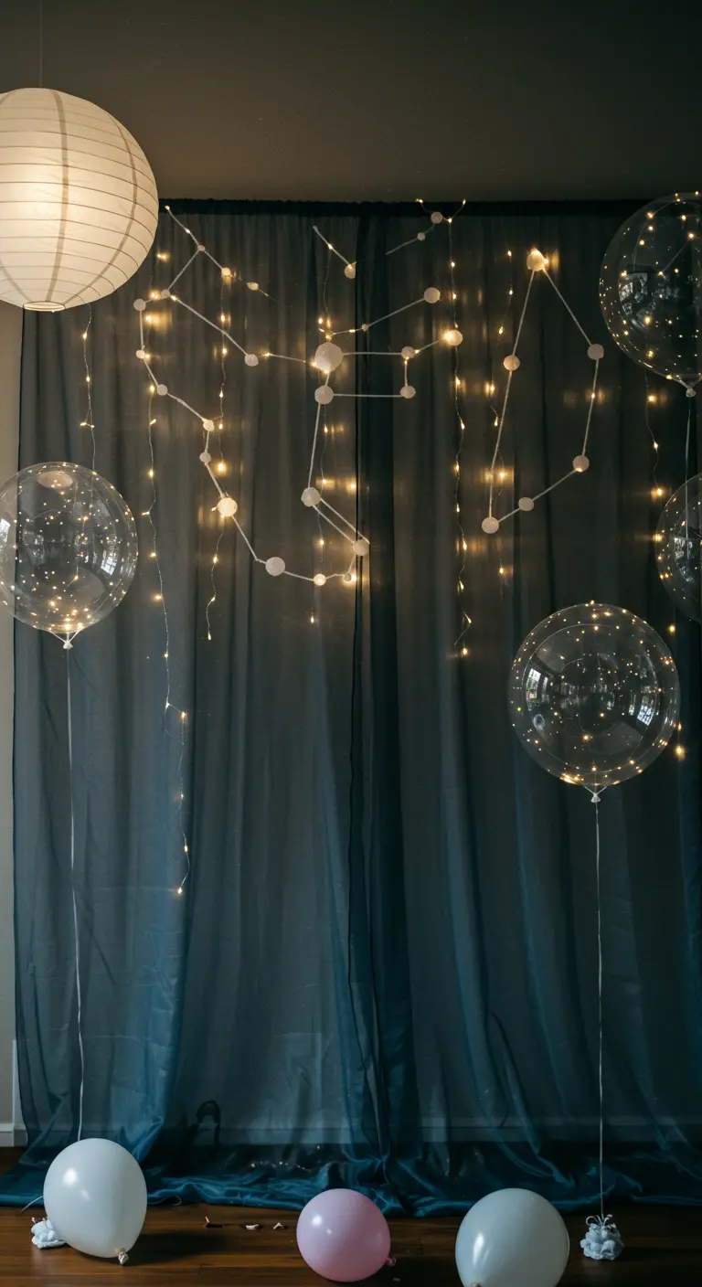 A dark sheer curtain with constellation-shaped fairy lights and illuminated clear balloons.