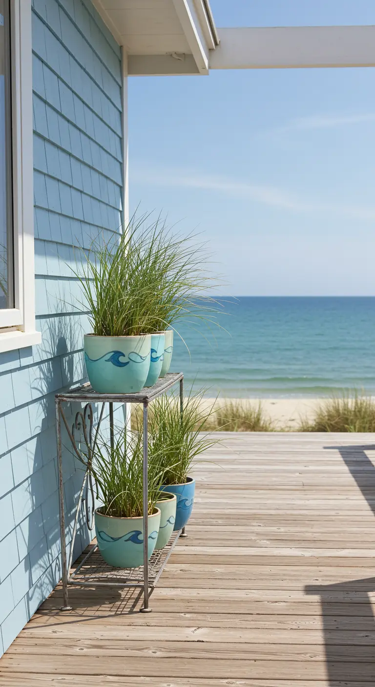 Blue and white planters with ornamental grasses on a deck overlooking the ocean.