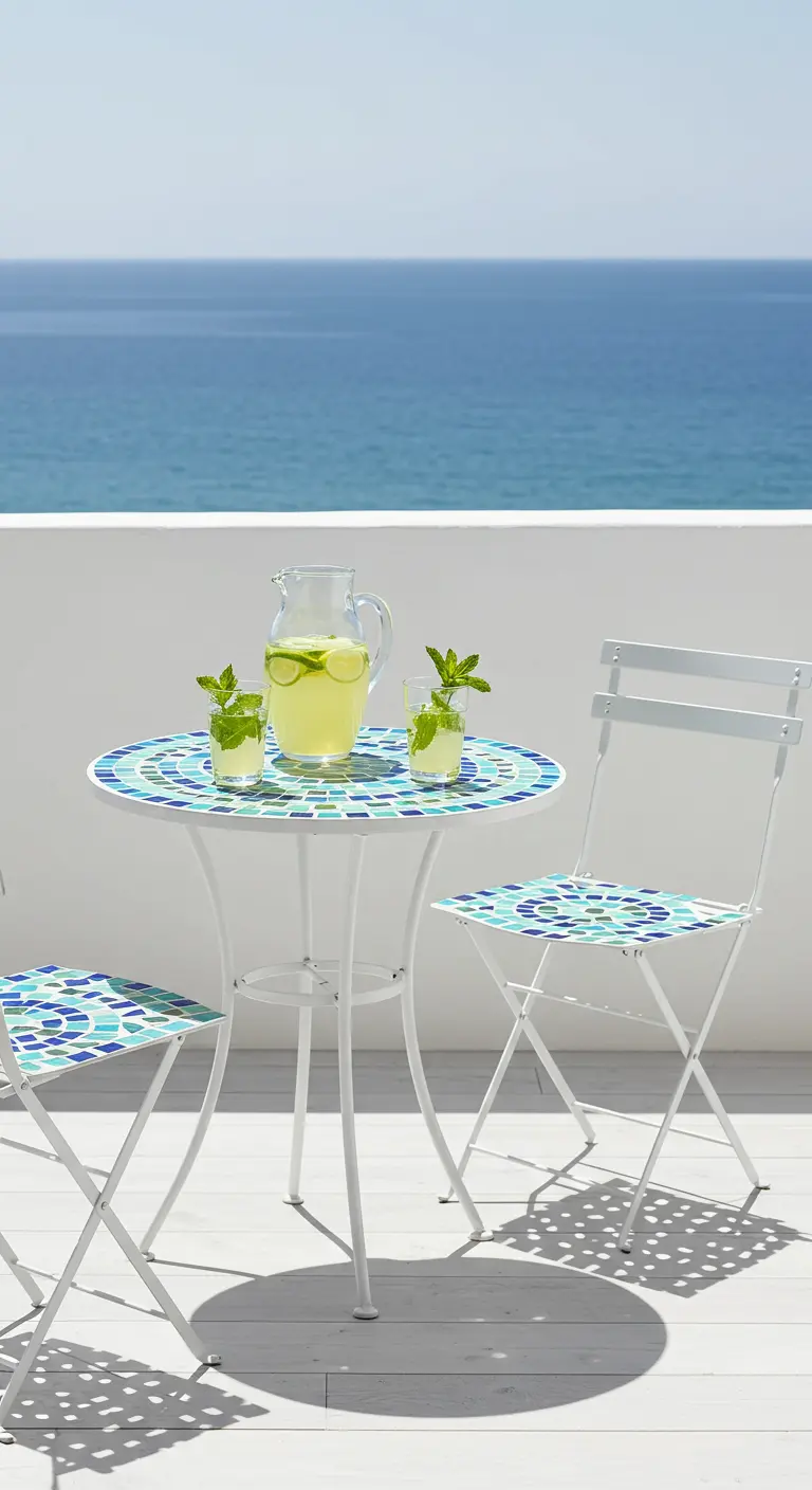 White bistro set with a blue mosaic top overlooking a bright blue ocean.