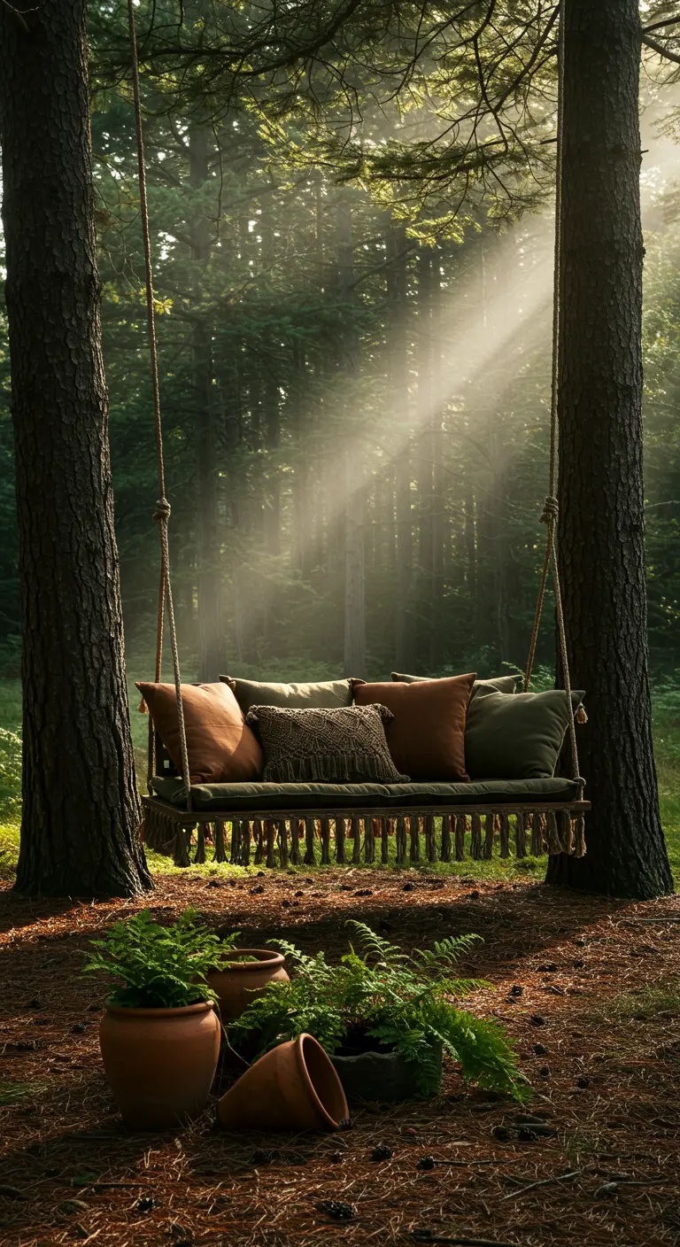Dark wood swing hanging between two trees in a sunlit forest.