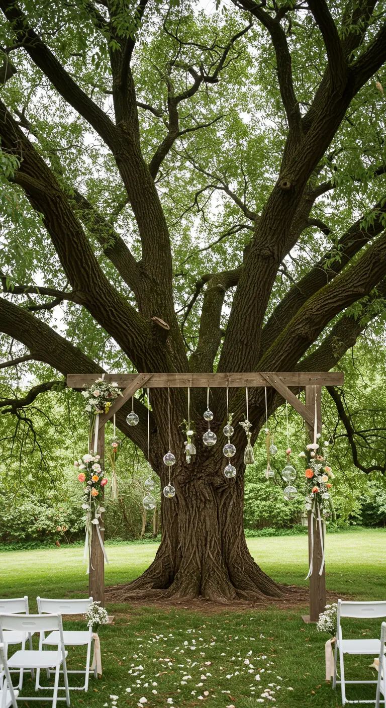 A wooden arch under a large tree, decorated with hanging glass orbs and flowers.