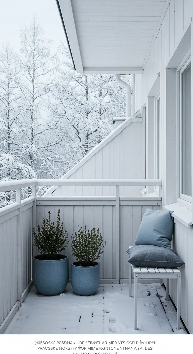 All-white balcony with two pale blue-gray pots holding small evergreen shrubs.