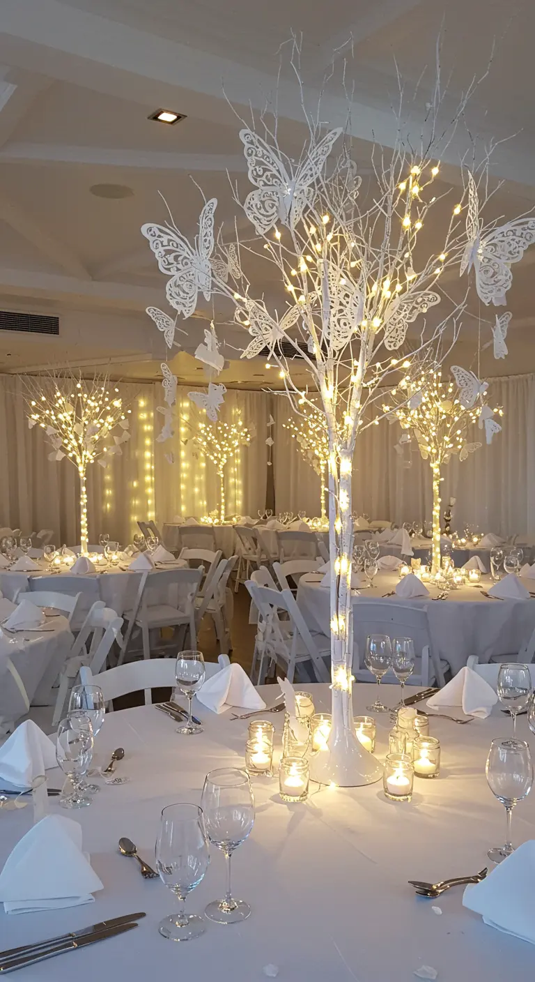 An all-white party with illuminated tree centerpieces adorned with large white butterflies.