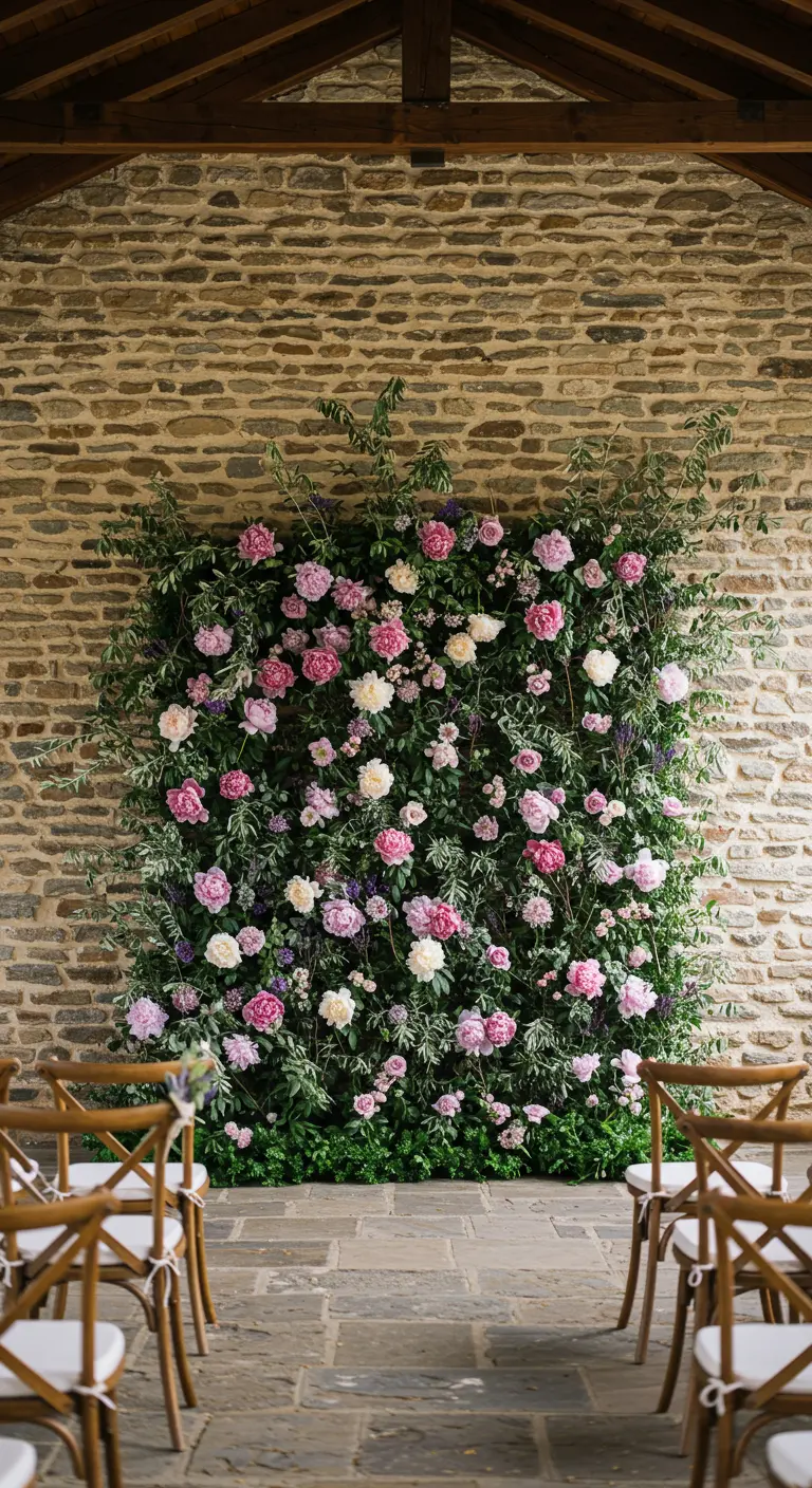 A square floral wall of pink and white peonies against a rustic stone wall.