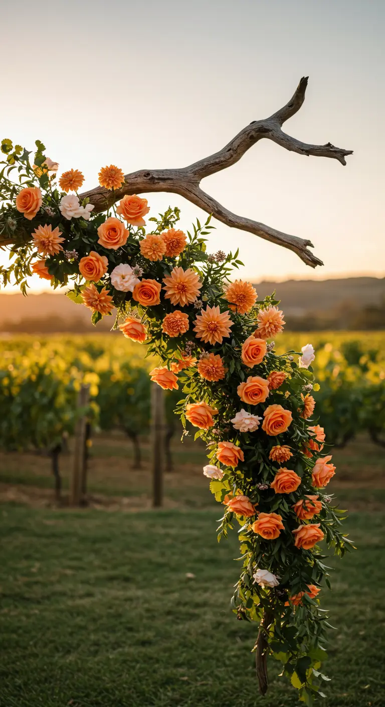 A natural curved branch decorated with an arrangement of orange and peach flowers.