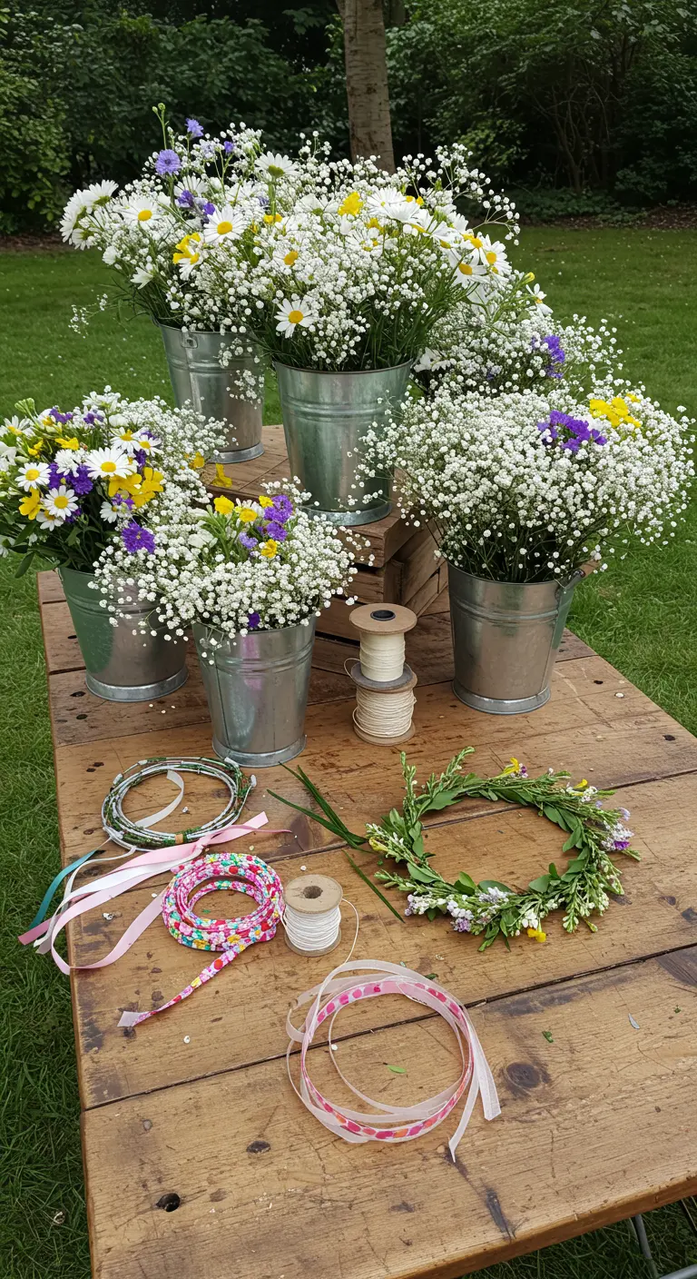 A wooden table set up as a DIY flower crown making station.