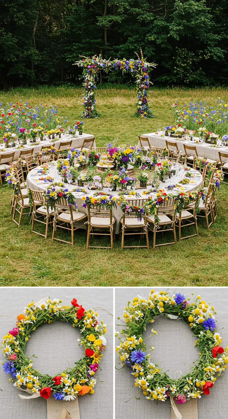 Outdoor wedding in a wildflower meadow with colorful flower crowns and chair decor.