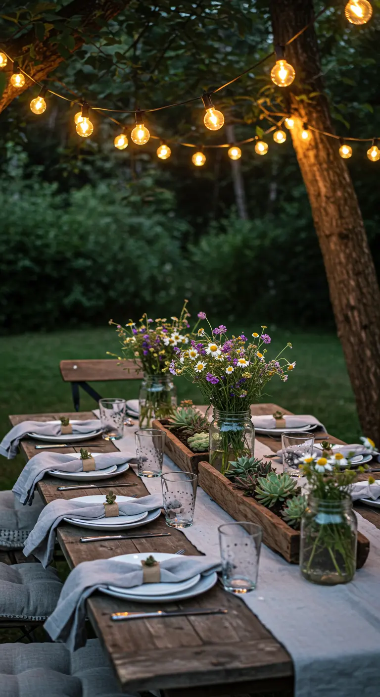 An outdoor table under string lights with a centerpiece of wildflowers in mason jars.