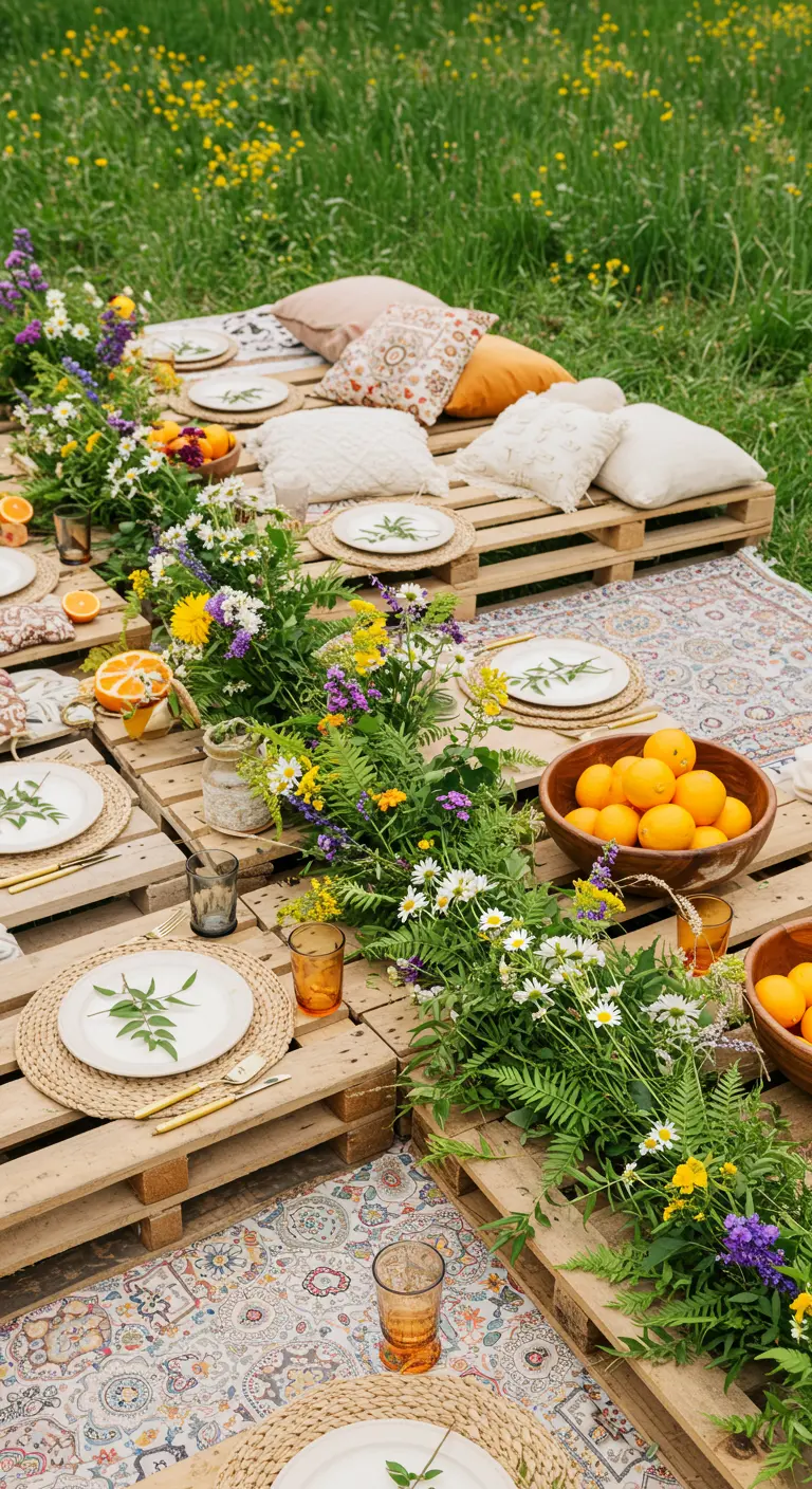 A bohemian picnic setup using wooden pallets as tables, decorated with wildflower garlands.
