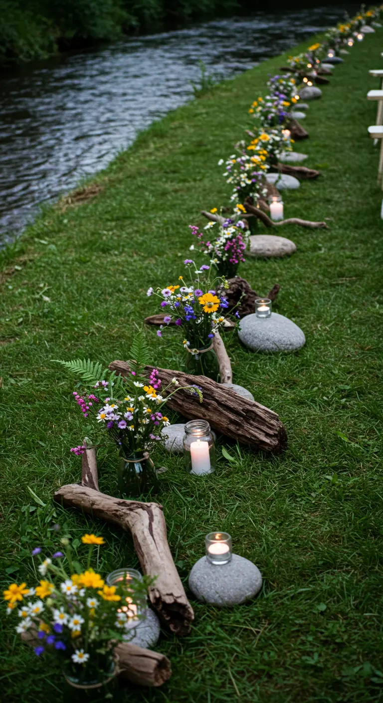 A grassy riverbank path with driftwood, stones, and wildflowers.