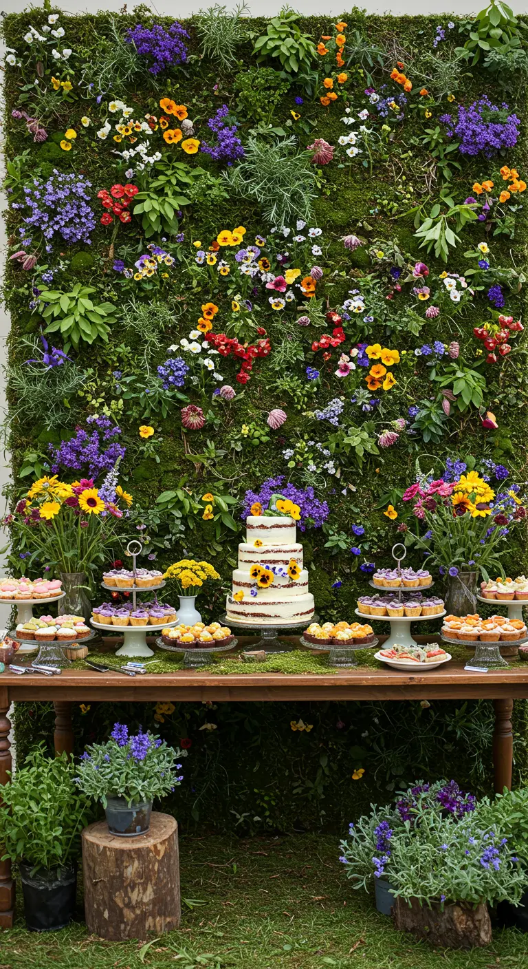 A dessert table with a tiered cake in front of a lush wall of colorful wildflowers and greenery.
