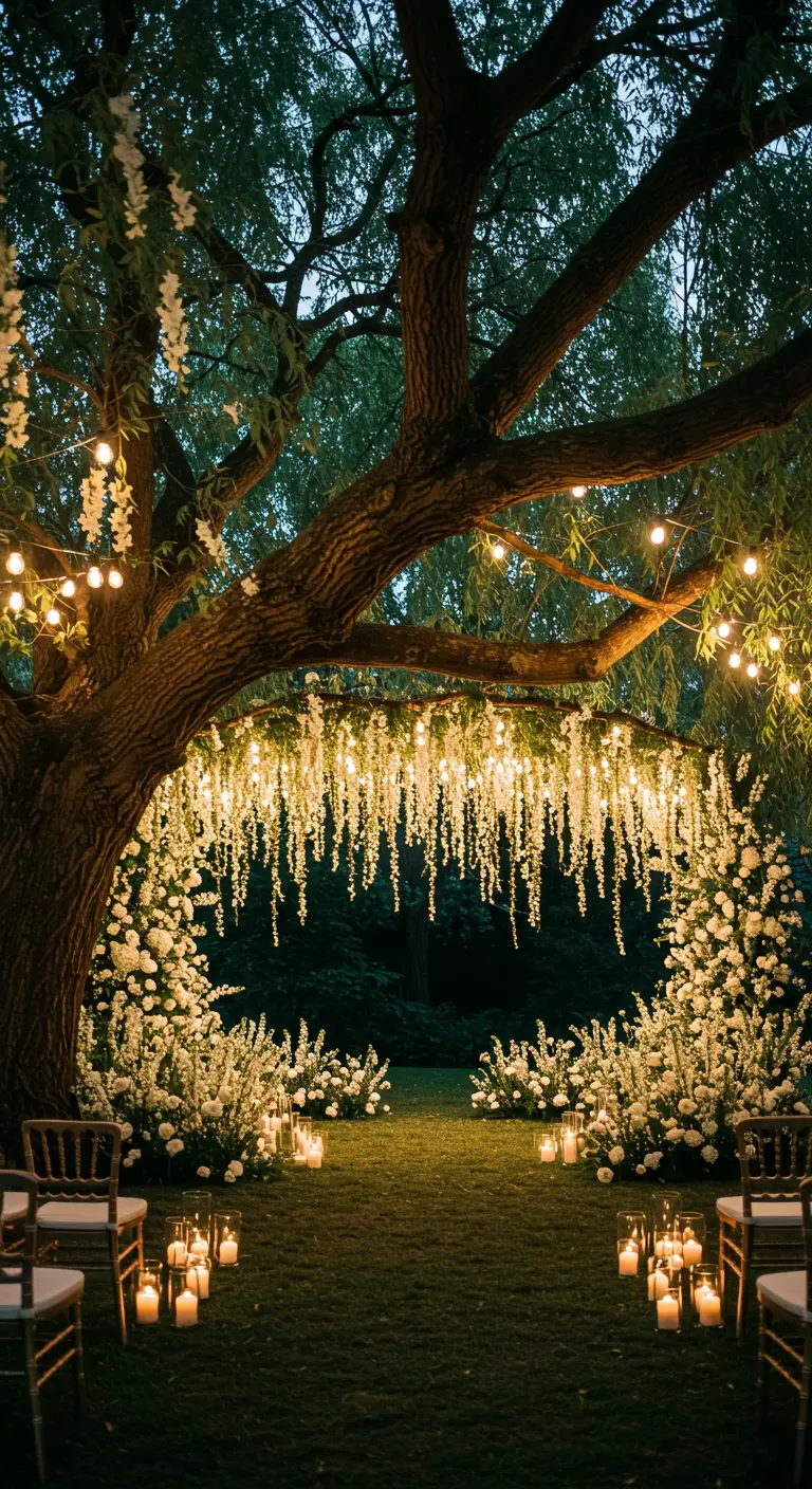 A glowing wedding arch under a large tree, made of dripping white flowers and string lights.