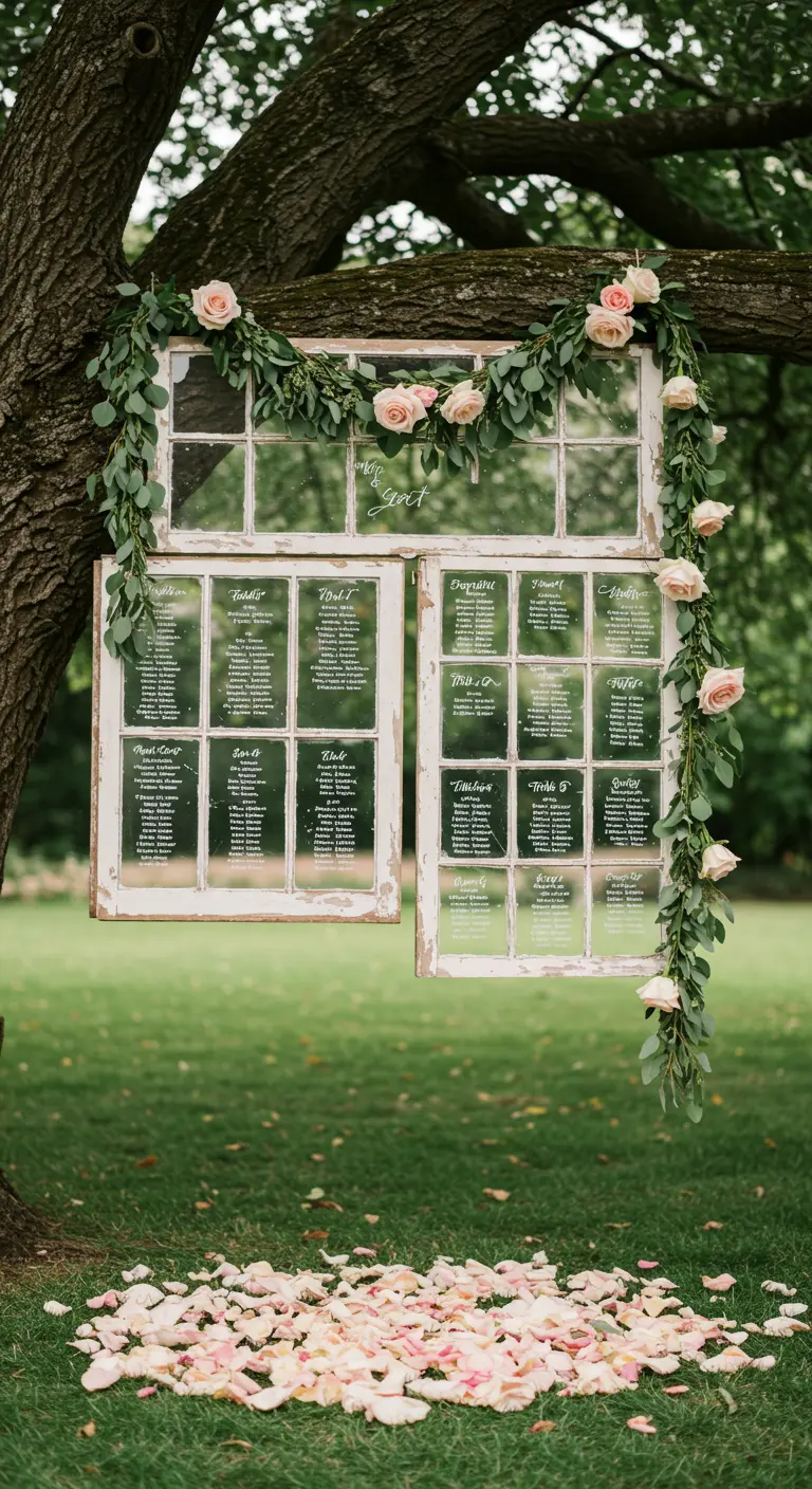 Old windowpanes with seating charts written on them, hanging from a tree.