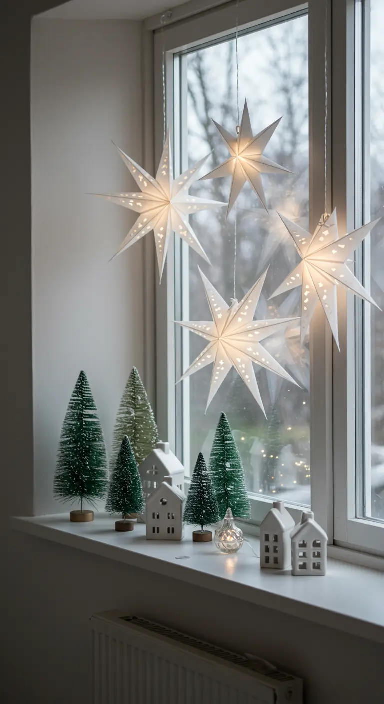 Christmas window display with lighted paper stars, bottlebrush trees, and ceramic houses.
