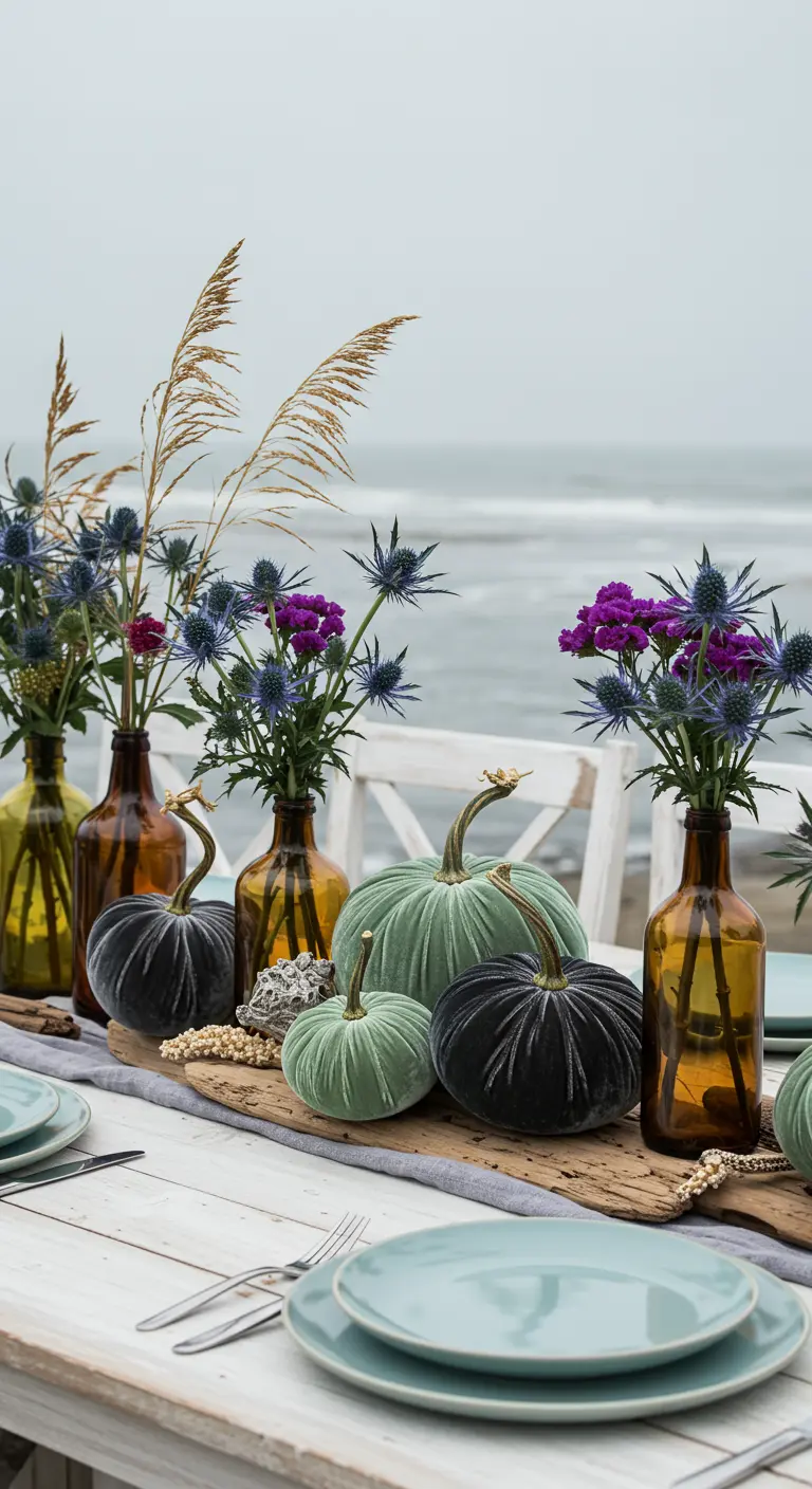 Coastal fall table with driftwood, seafoam green velvet pumpkins, and the ocean view.